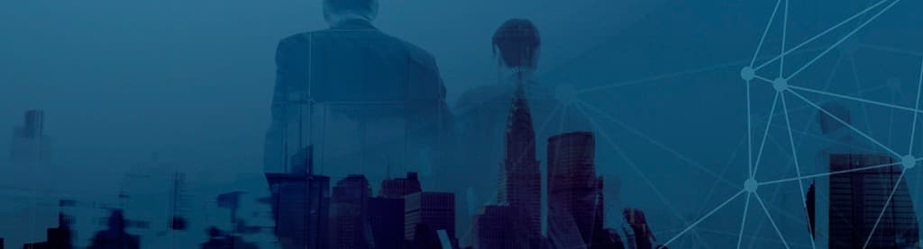 Business professionals overlooking a connected digital cityscape