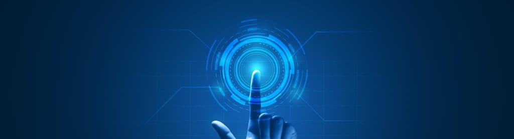 Hand interacting with a glowing digital interface