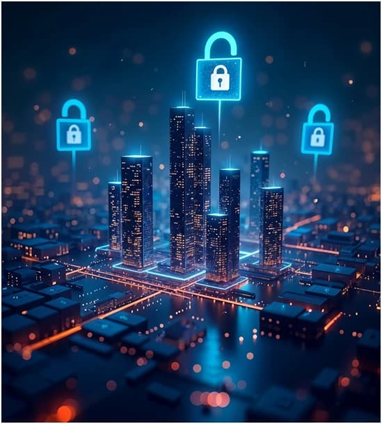 Futuristic cityscape representing secure technology infrastructure