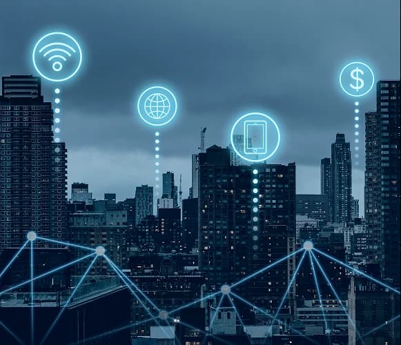 Connected digital cityscape representing Tech Hat partnerships and values