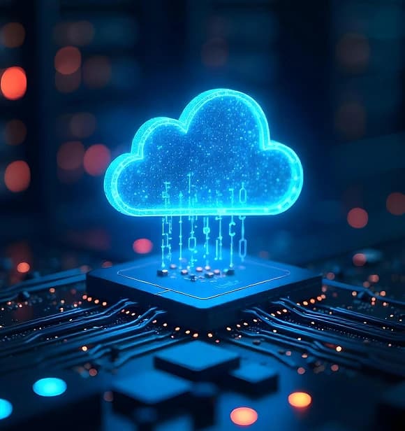 Digital cloud and circuit board representing Tech Hat technology vision