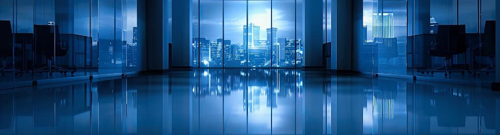 Modern high-tech office overlooking a city skyline at night